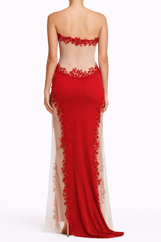Strapless Lace Details Fitted Gown