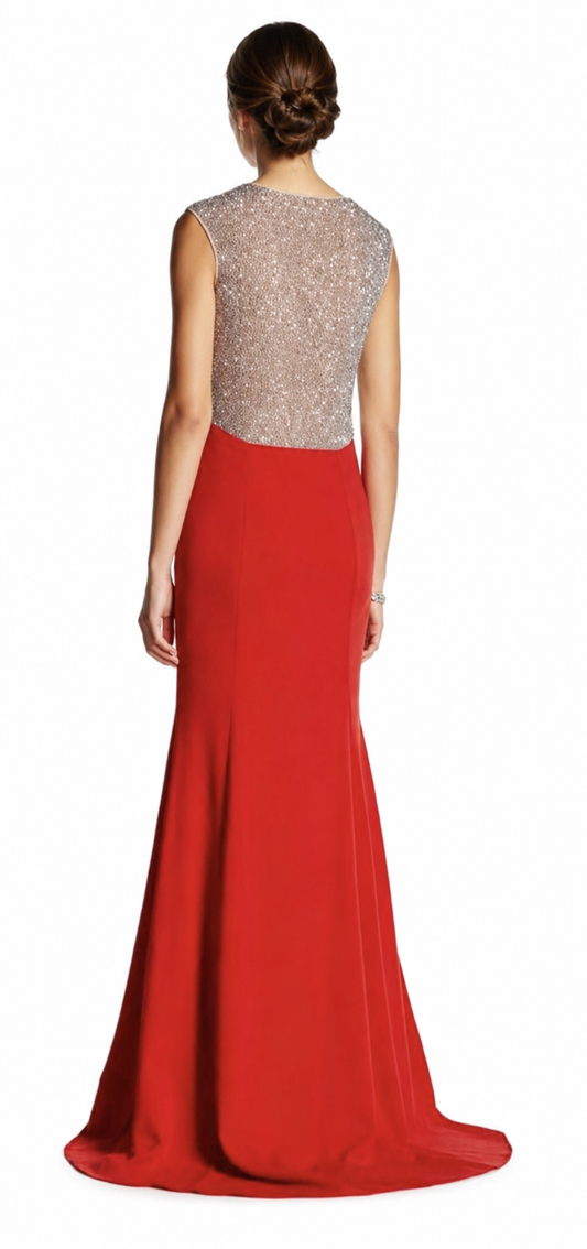 Sleeves Red Gown With Silver Rhinestones Details at Shoulders and Back