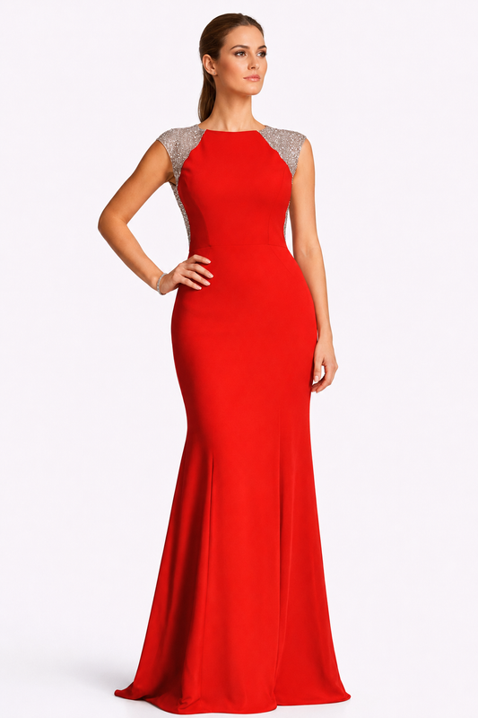 Sleeves Red Gown With Silver Rhinestones Details at Shoulders and Back
