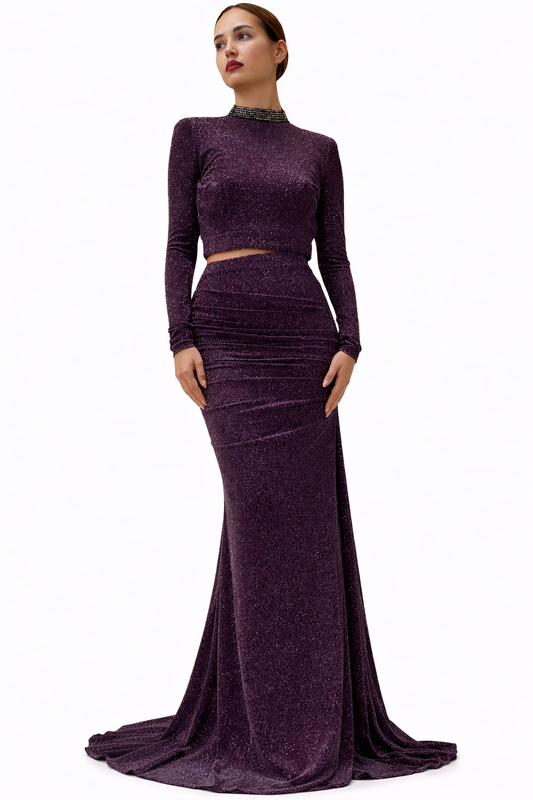 Two-Piece Long Sleeve Glitery Maxi Skirt and tw