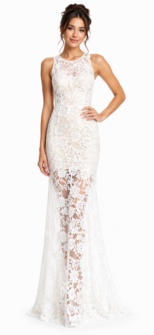 Gown With Peek-a-boo Lace Throughout and Cascading trail