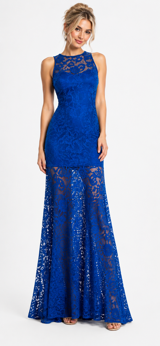 Gown With Peek-a-boo Lace Throughout and Cascading trail