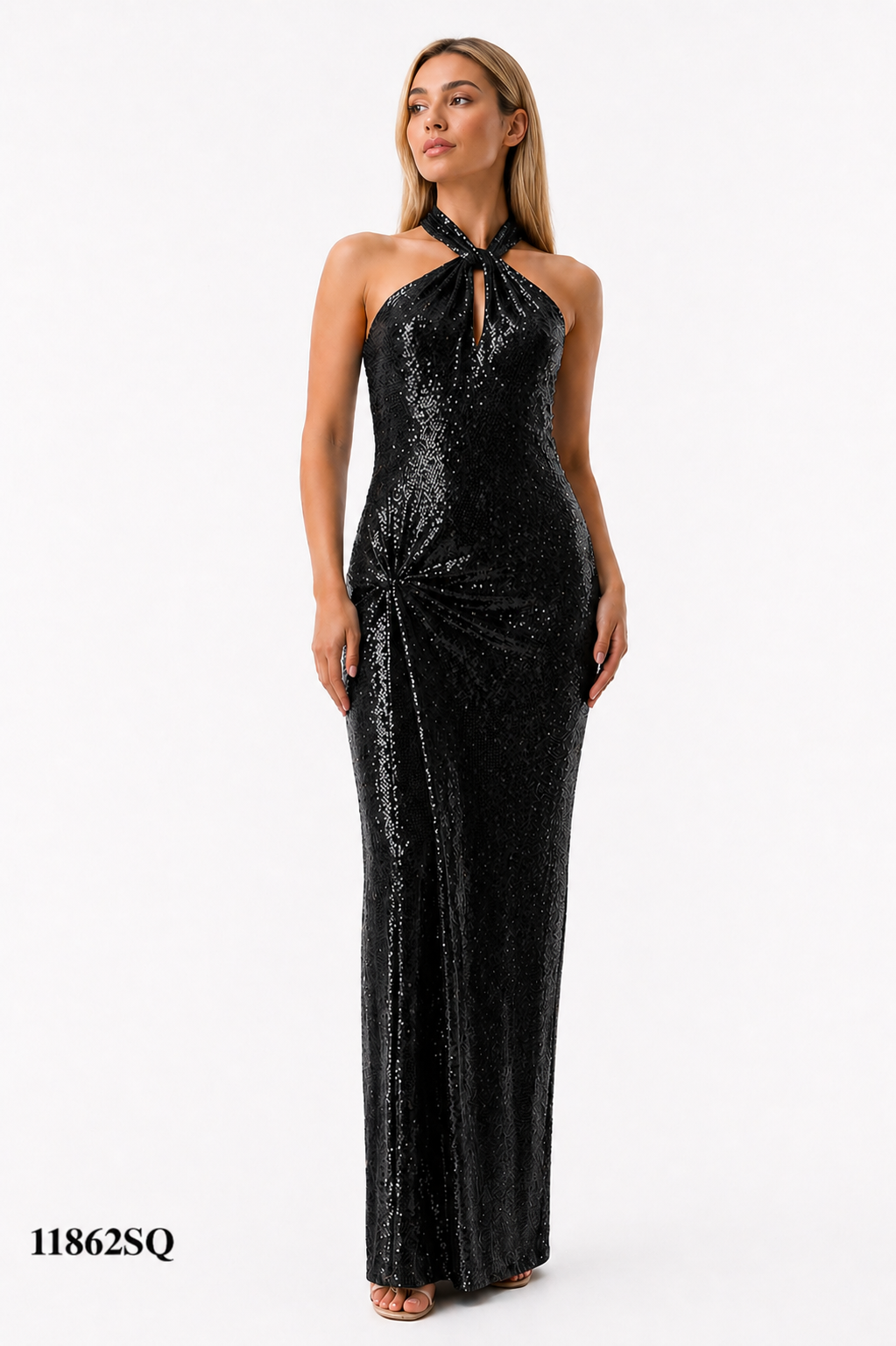 Halter Gown Pinched at the Hips, Backless and Sequins Fabric Design