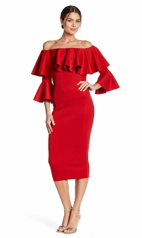 Off-Shoulder Midi Dress With Ruffled Sleeves