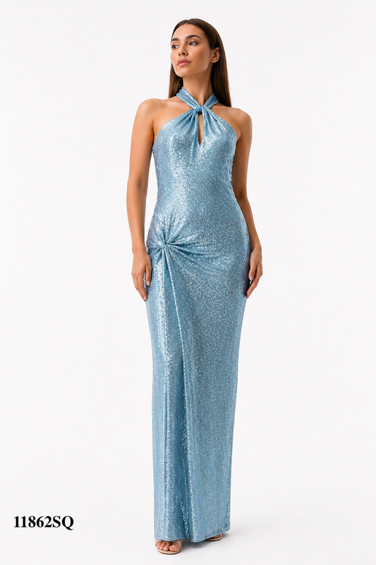 Halter Gown Pinched at the Hips, Backless and Sequins Fabric Design