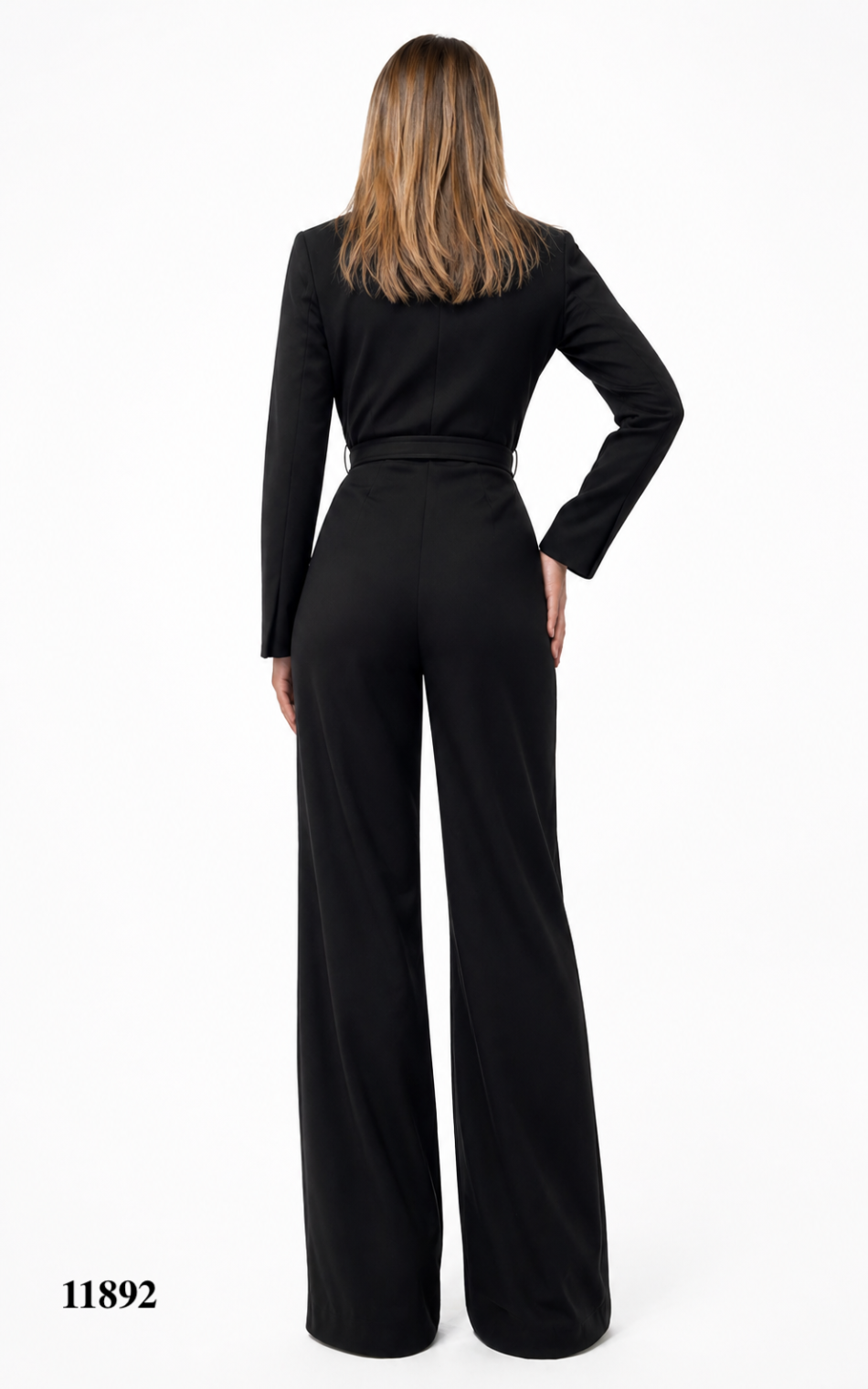 Long-Sleeve Belted Jumpsuit With Pleated Details at the Waist