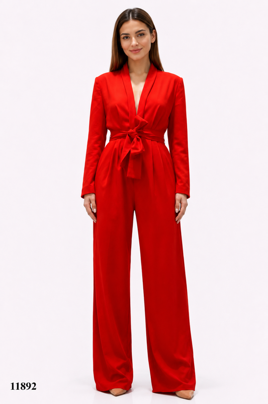 Long-Sleeve Belted Jumpsuit With Pleated Details at the Waist