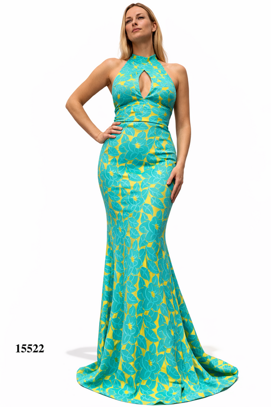 Halter Fitted Floral Dress With Backless Design and Flared Hem