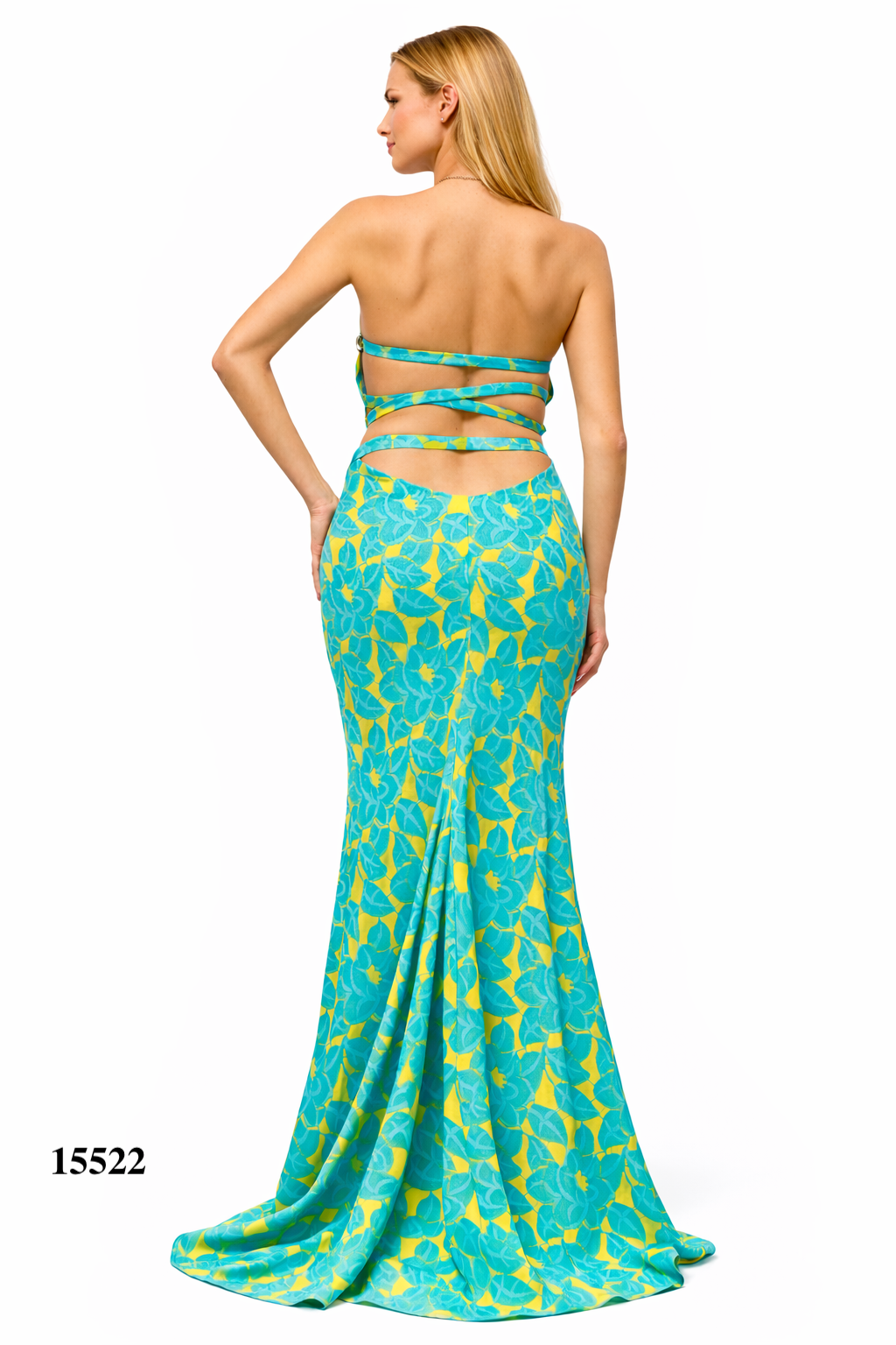 Halter Fitted Floral Dress With Backless Design and Flared Hem