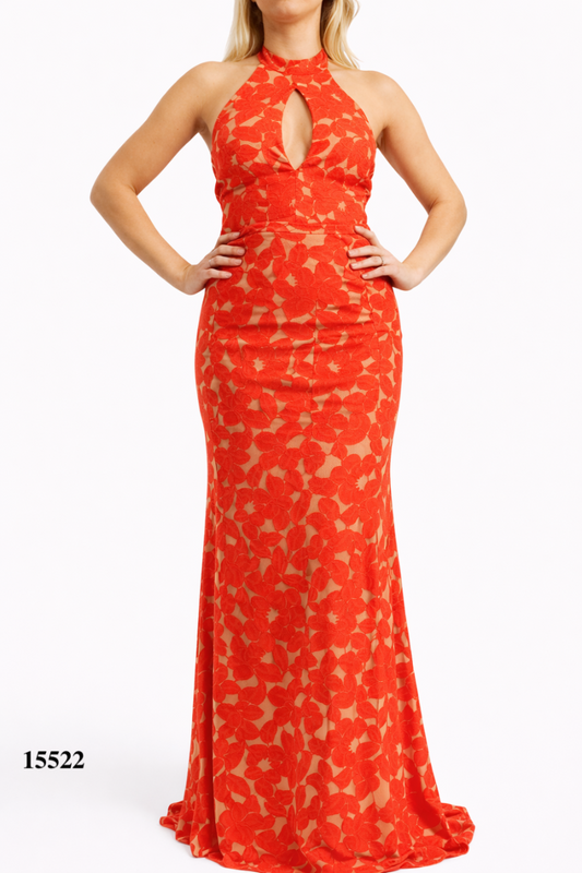 Halter Fitted Floral Dress With Backless Design and Flared Hem