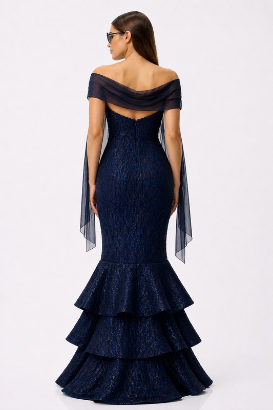 Strapless Mermaid Gown With Cascading Ruffled And Shawl