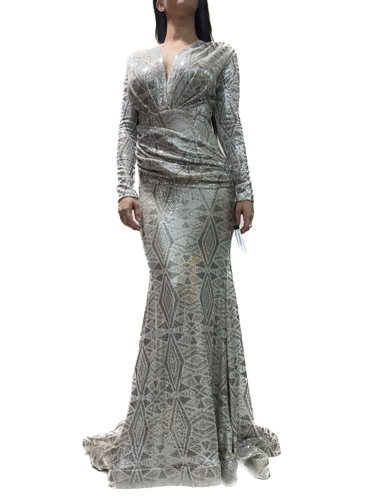 Deep V Neck Long Sleeve Gown