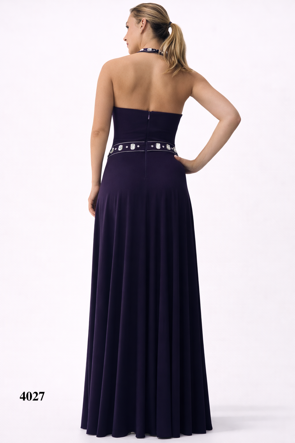 Halter Purple Gown with Silver Bead Details at Neckline and Waist