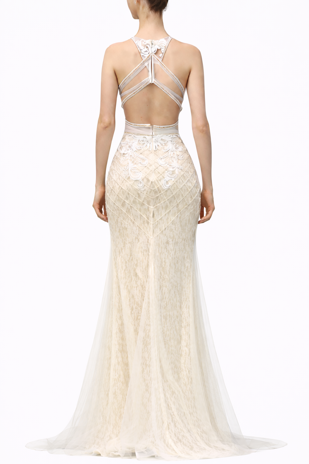Halter Style Lace Gown with Embroidery Design