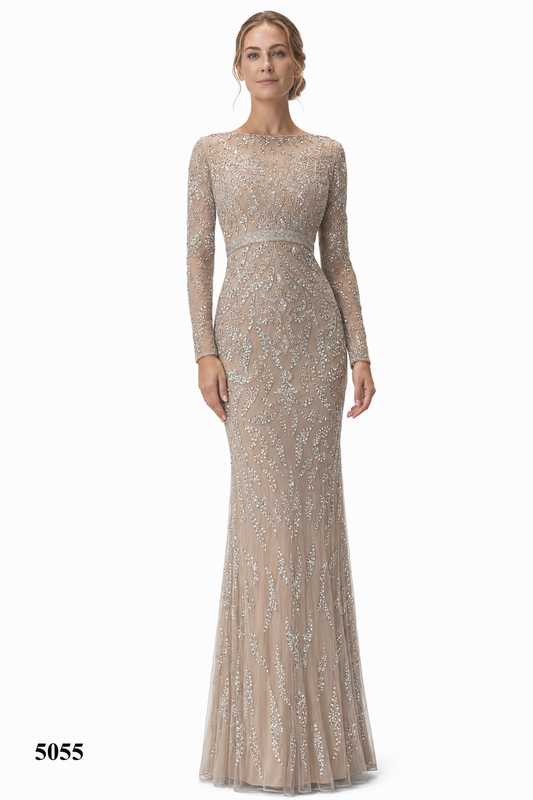 Long Sleeve Gown With Beaded Design Thoughout