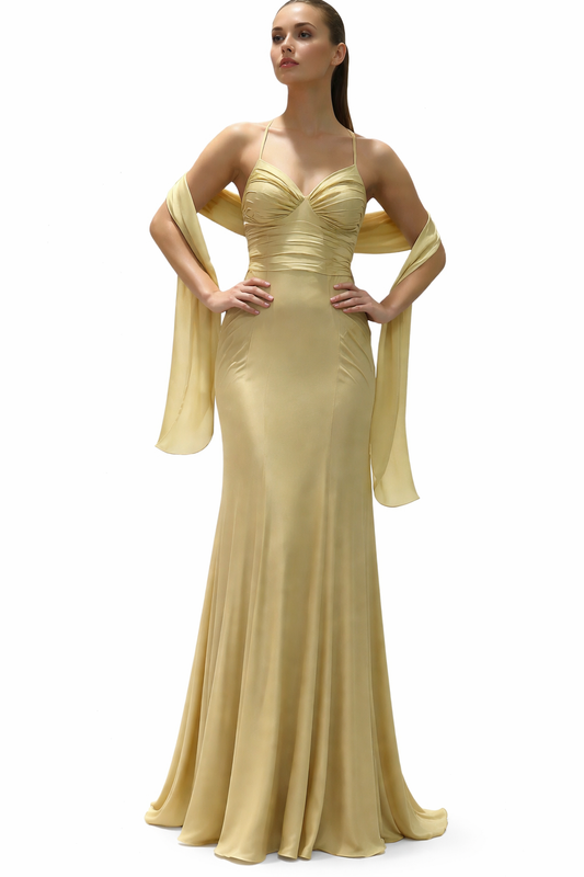 Maxi Mermaid Style Dress With Shawl and Train