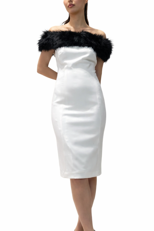Midi Dress With Real Fox Fur Trim at Shoulder