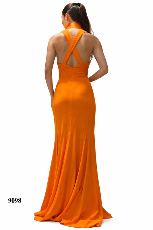 Deep V-Neck Orange Gown with Shawl and Bead Details at Waist