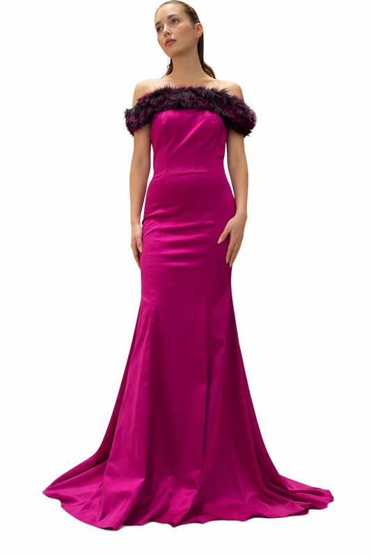 Evening Gown With Fox Fur Trim At Shoulders