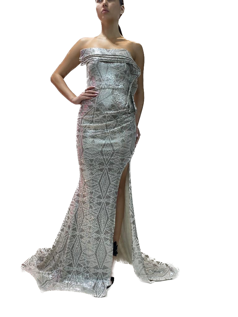 Strapless Sequence Geometric Details Gown With High Slit – Issue New York