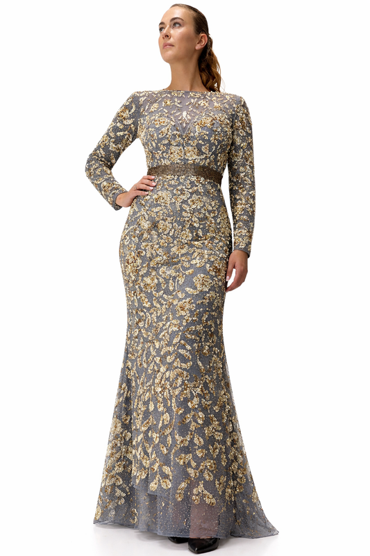 Long Sleeve Gold Beaded Silver Dress