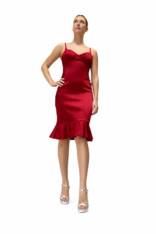 Midi Fitted Dress With Designed Bra, Sides Details, Ruffled Hem