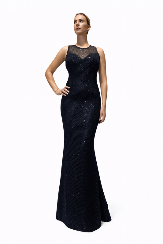 Sleeveless Dress with Detailed Glittery Mesh Fabric