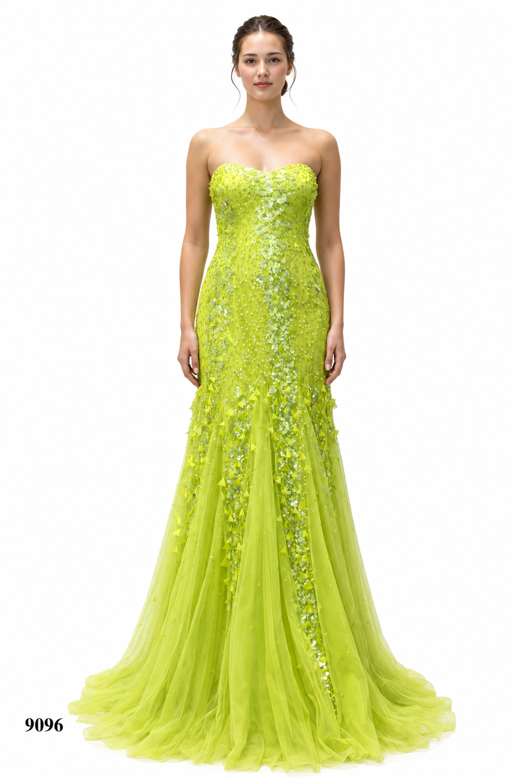 Peacock Feathers & Sequences Detailed Strapless Gown