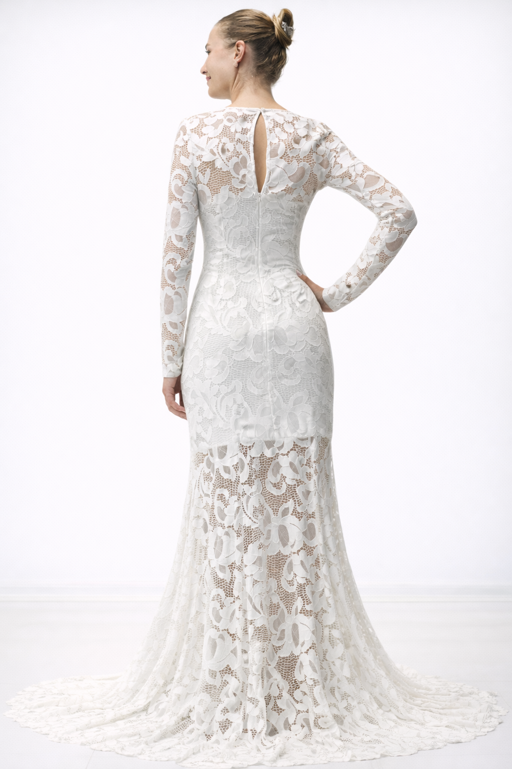 Long Sleeve Gown With See-through Lace Sleeves and Bottom