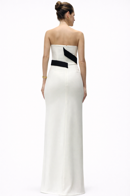 Strapless Gown With Black Ribbon Detail and High Slit