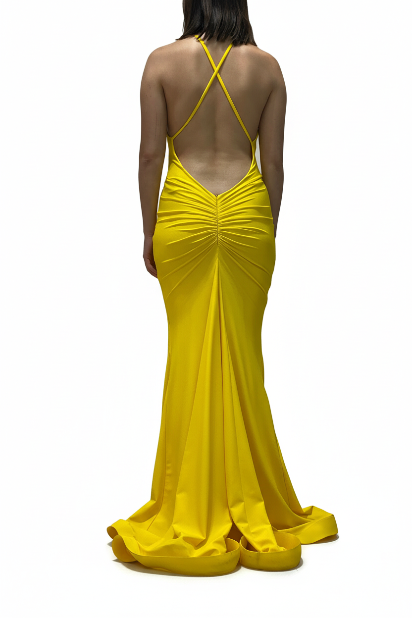 Deep V-Neck And Ruched Back Mermaid Style Gown