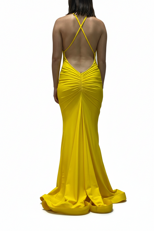 Deep V-Neck And Ruched Back Mermaid Style Gown