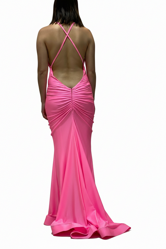 Deep V-Neck And Ruched Back Mermaid Style Gown