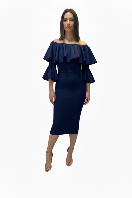 Off-Shoulder Midi Dress With Ruffled Sleeves