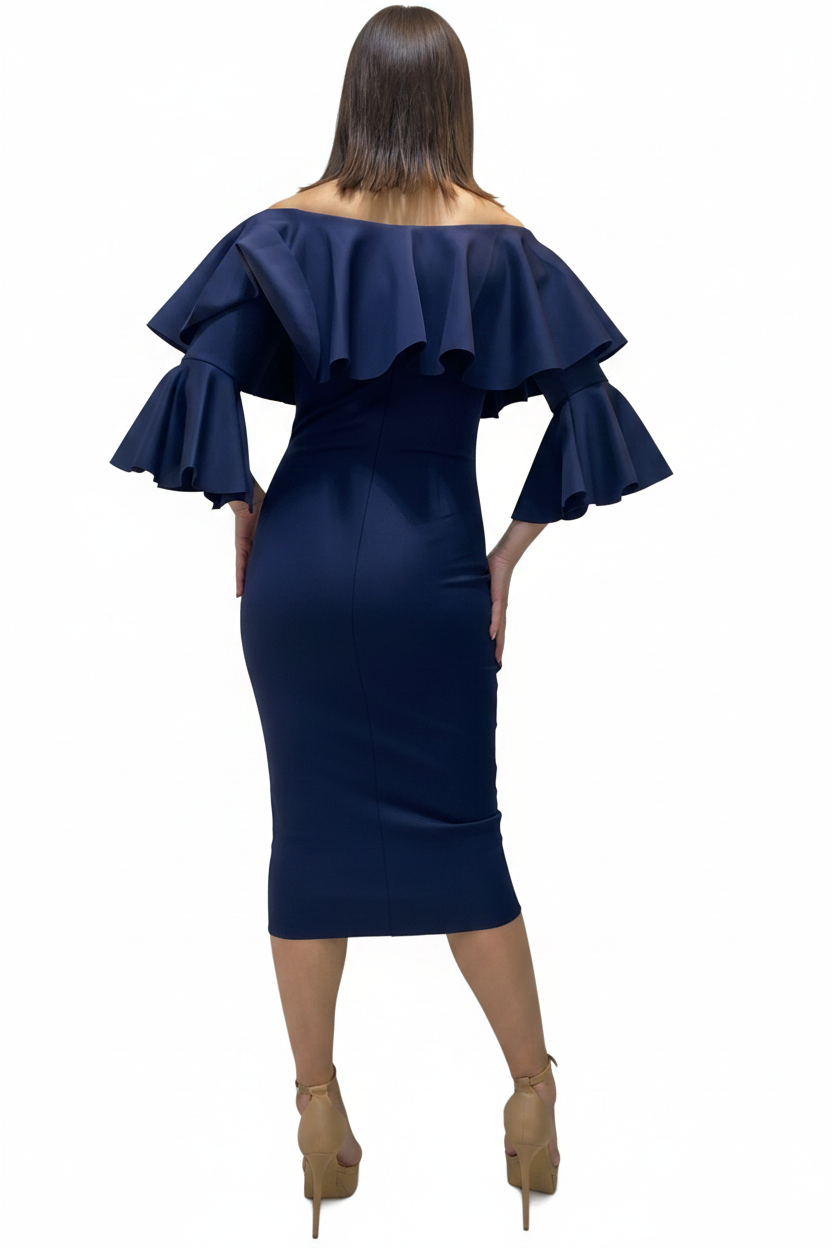 Off-Shoulder Midi Dress With Ruffled Sleeves