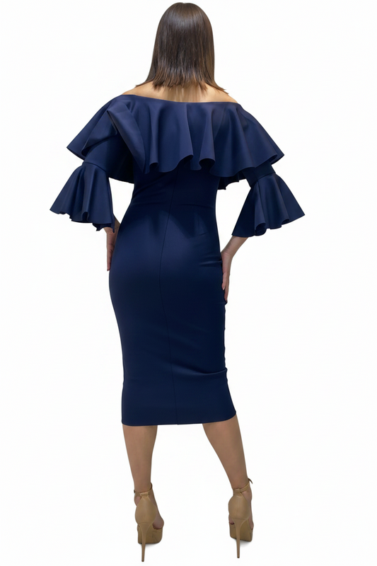 Off-Shoulder Midi Dress With Ruffled Sleeves