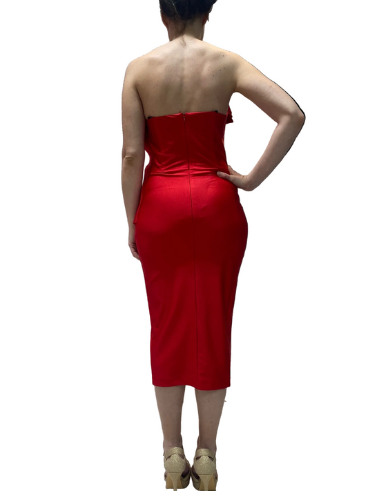 Strapless Midi Dress with Ruffled Detailed Neckline