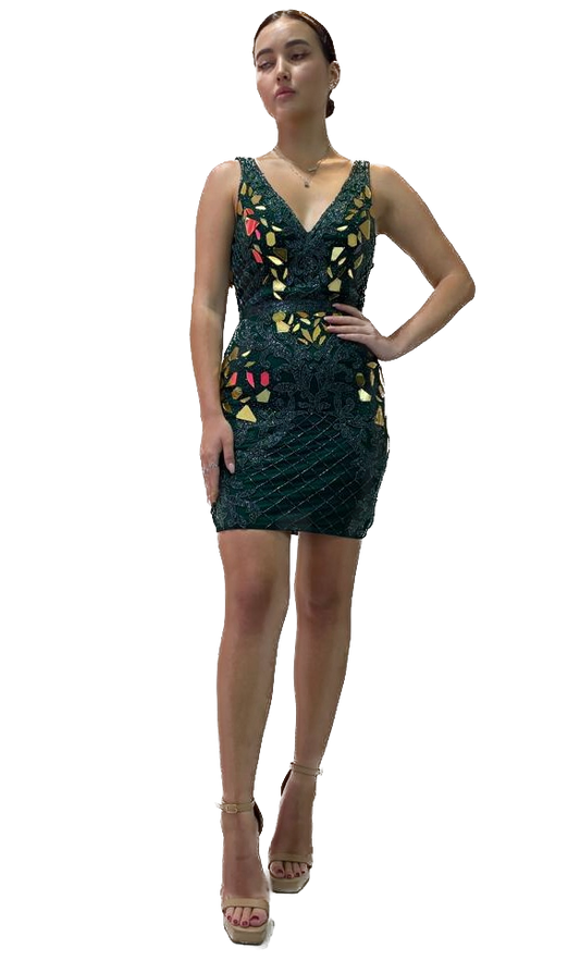 A hunter green beaded embellished dress with a V-neck design, featuring a lined, fitted silhouette and a center back zipper closure.