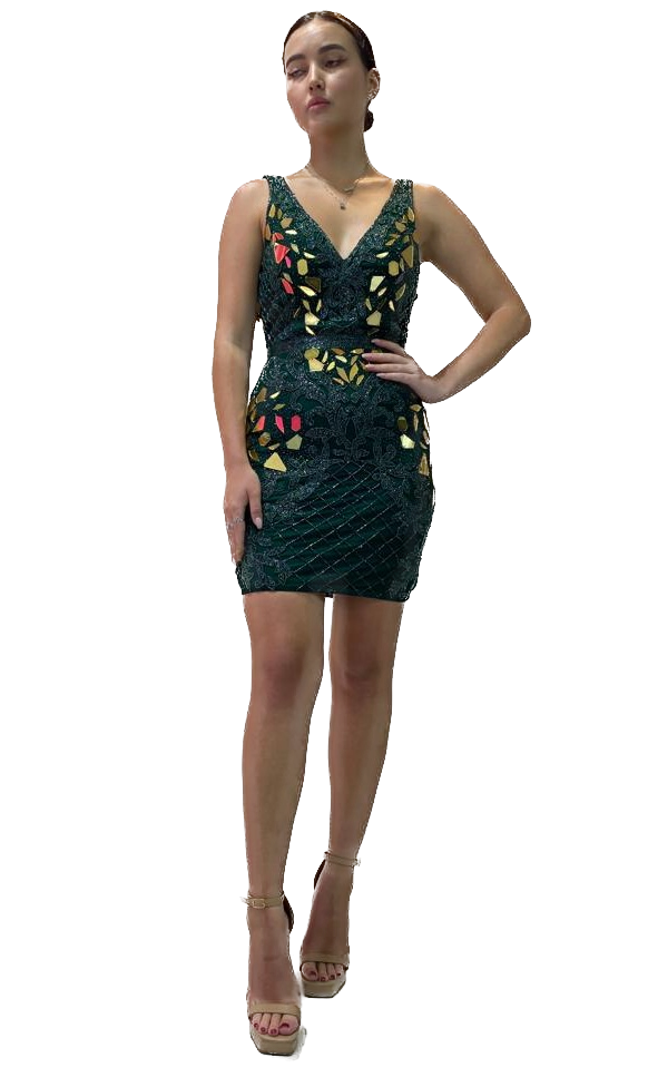 A hunter green beaded embellished dress with a V-neck design, featuring a lined, fitted silhouette and a center back zipper closure.