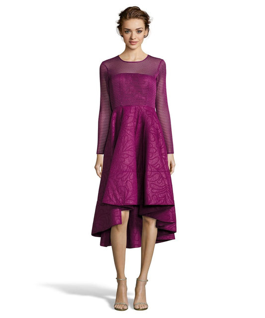 Magenta A-line dress with mesh long sleeves and a crew neckline.