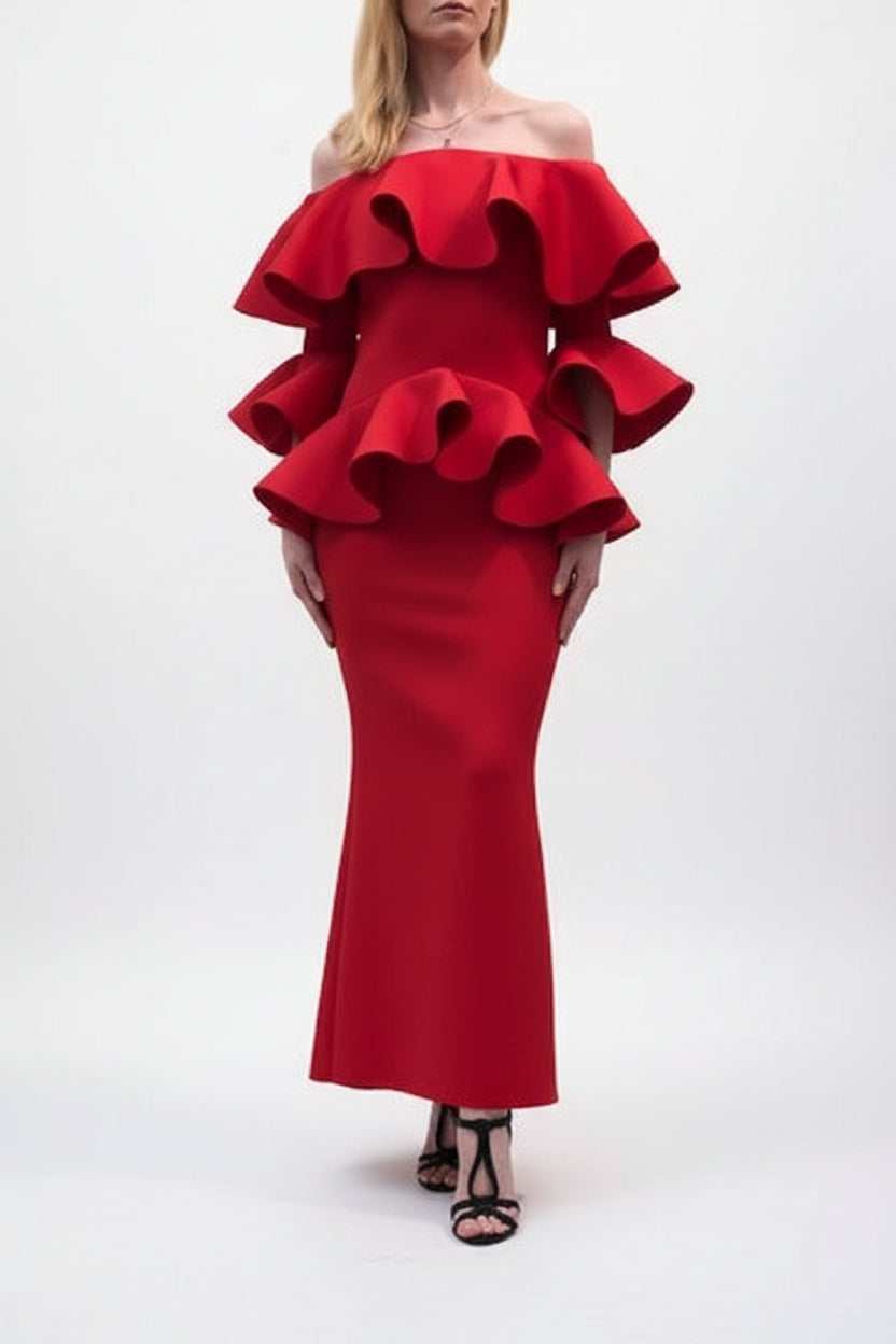Off-Shoulder Ruffled Design Fitted Gown