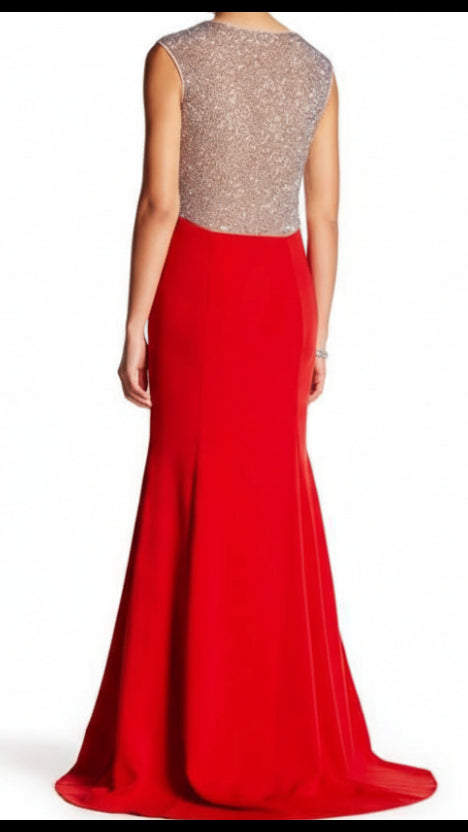 Sleeves Red Gown With Silver Rhinestones Details at Shoulders and Back