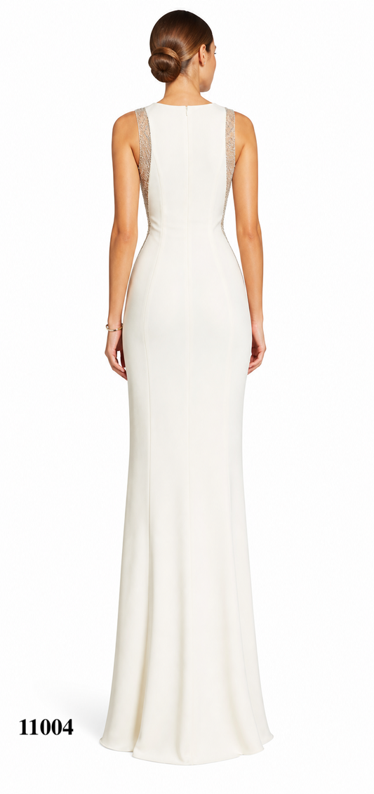 High Slit Ivory Dress with Embellishments Details at the sleeves hem