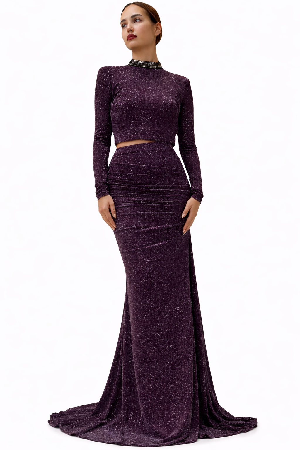 Two-Piece Long Sleeve Glitery Maxi Skirt and tw