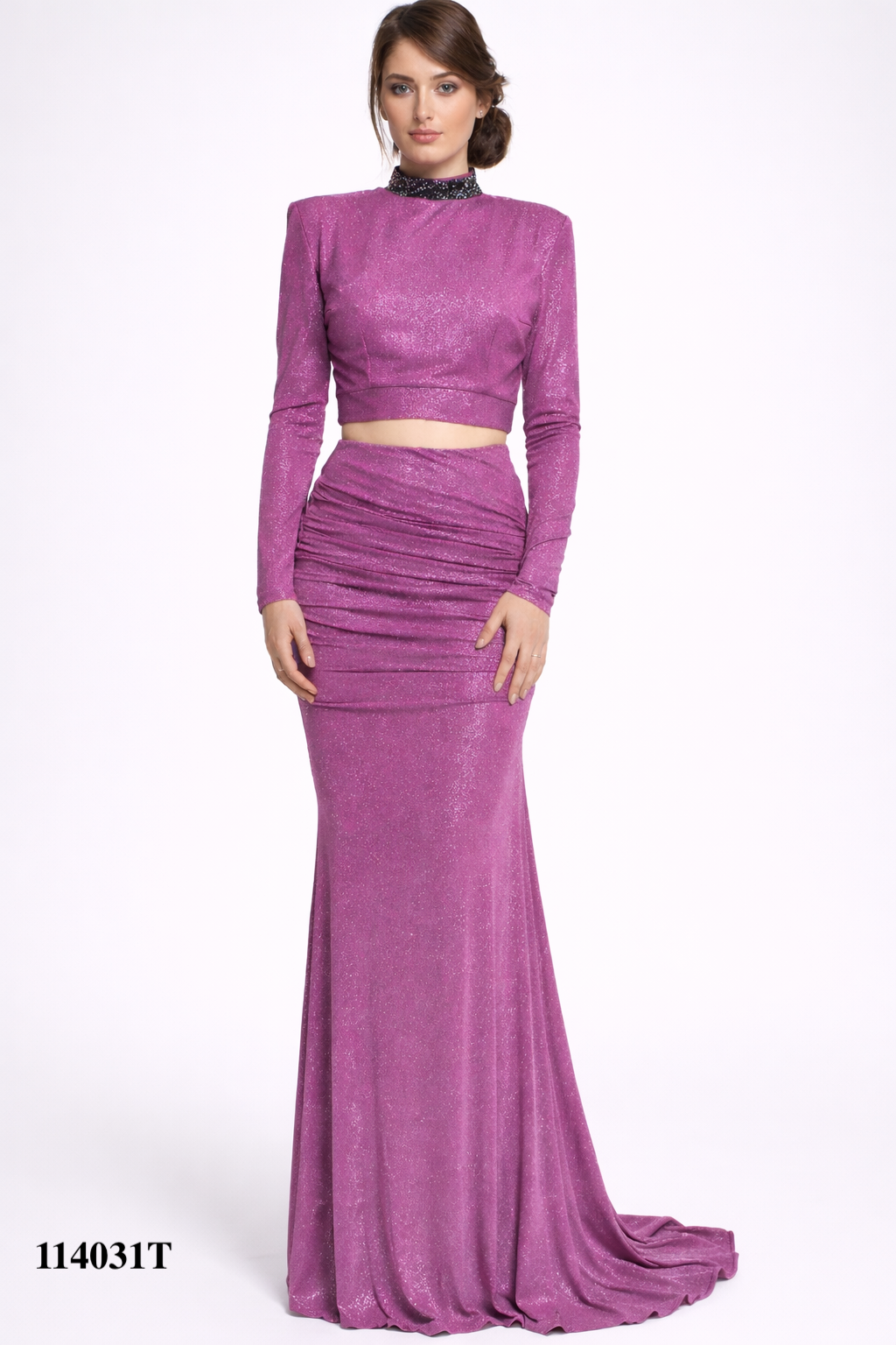Two-Piece Long Sleeve Glitery Maxi Skirt and tw