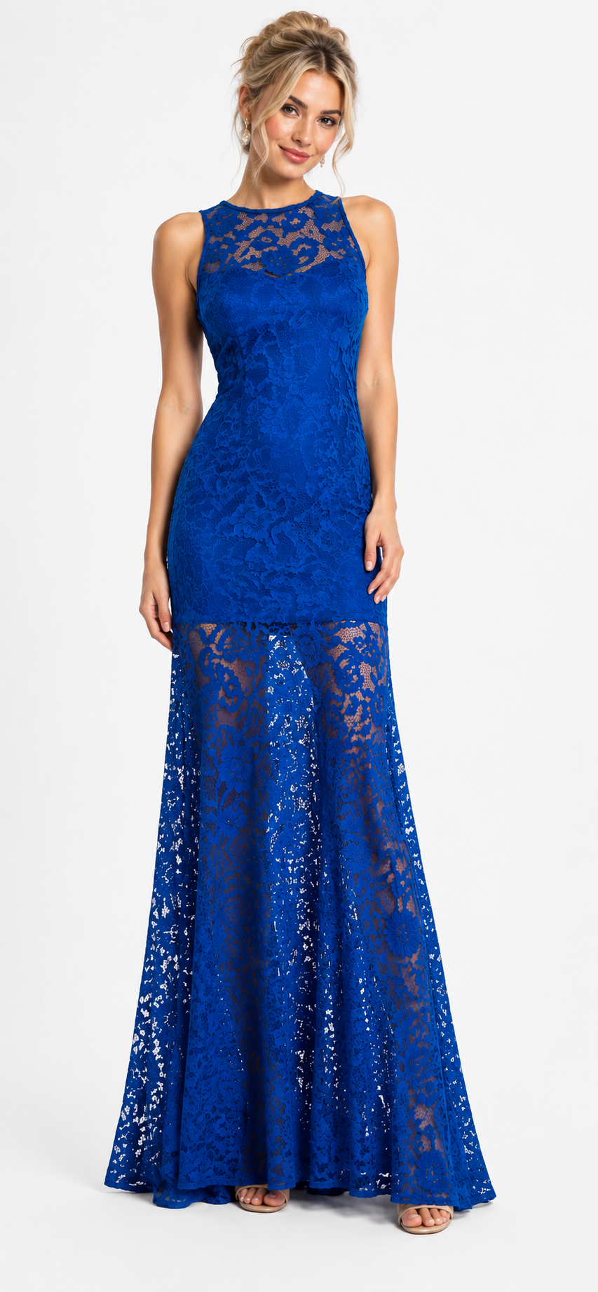 Gown With Peek-a-boo Lace Throughout and Cascading trail