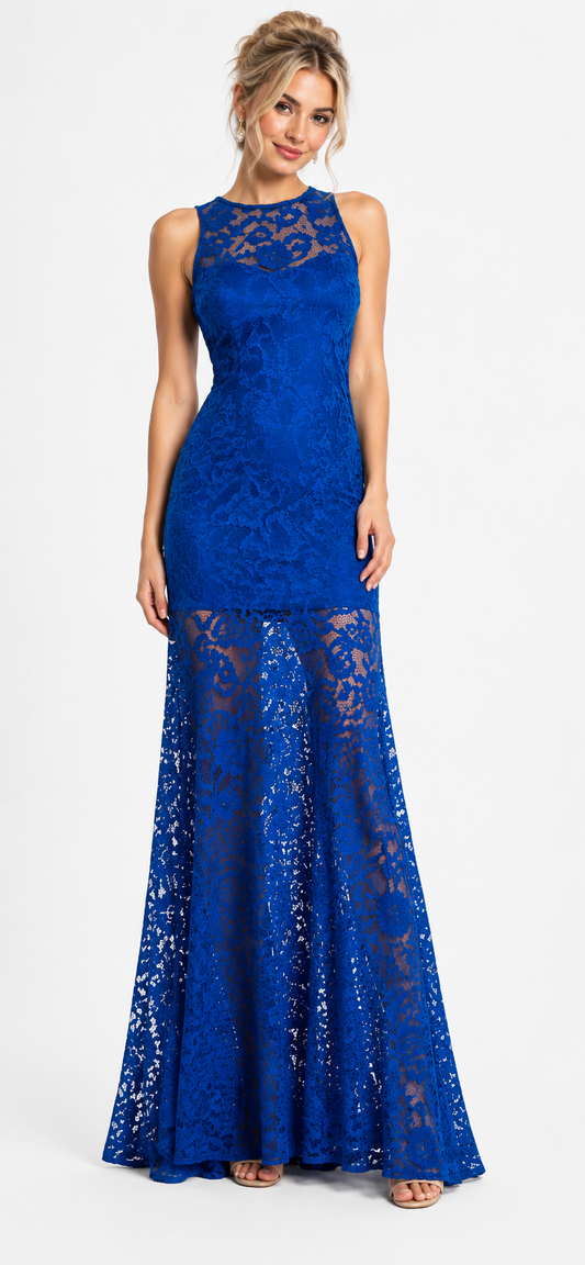 Gown With Peek-a-boo Lace Throughout and Cascading trail