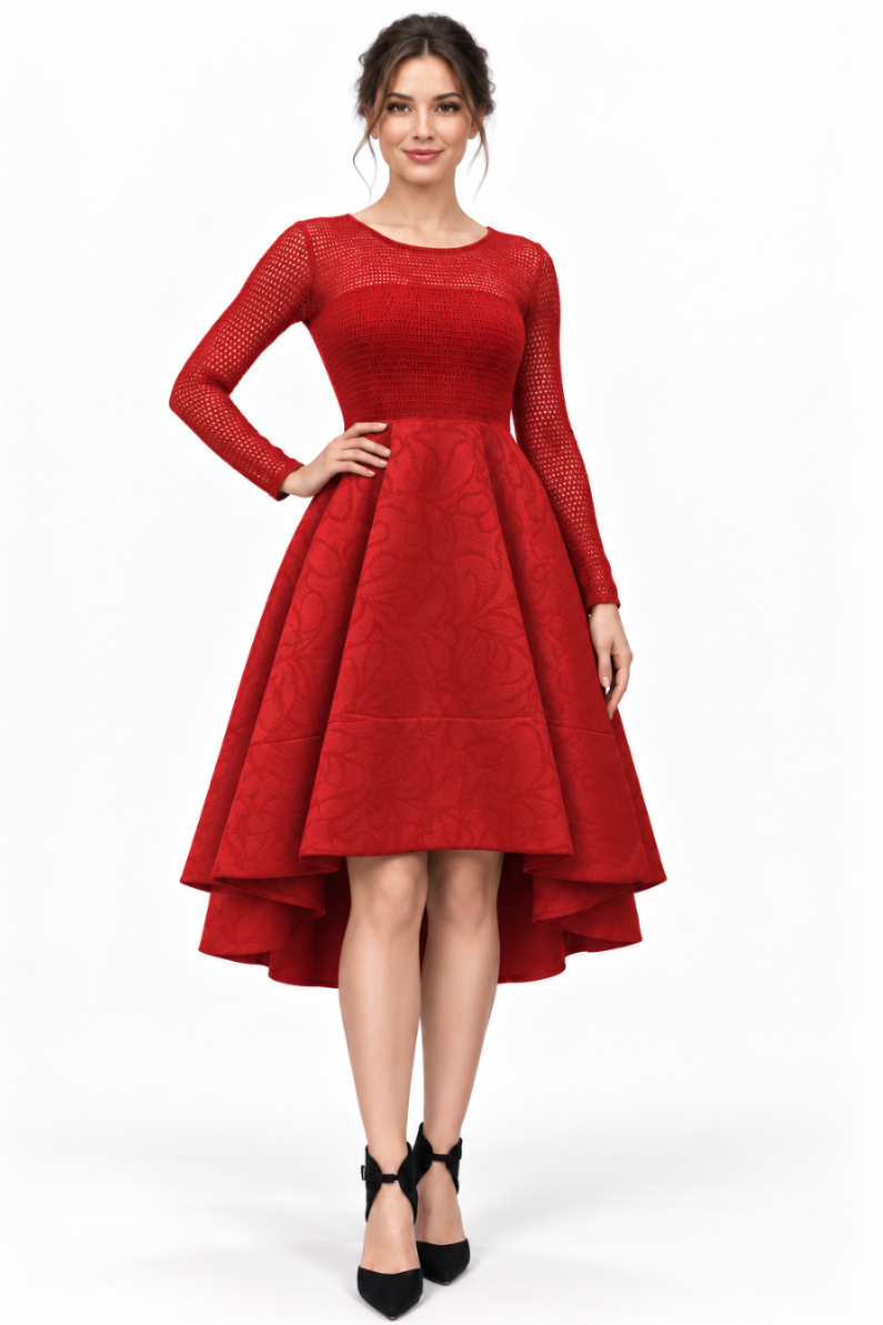 High-Low Midi Dress With Mesh Sleeves