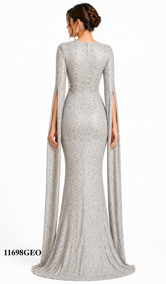 Timeless Clean Cut Geometric Print Gown with Open Long Sleeves
