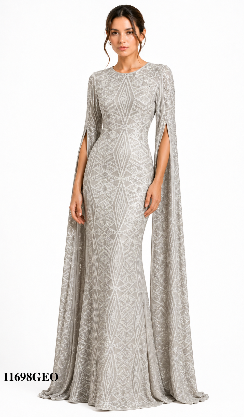 Timeless Clean Cut Geometric Print Gown with Open Long Sleeves